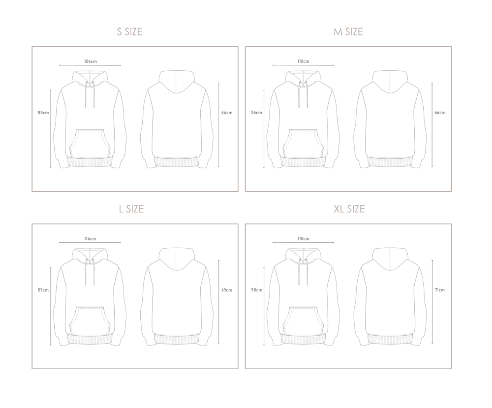 Hoodie size measurement chart for S, M, L, and XL sizes of the Kamon Hoodie at Grandmama Store in Hong Kong.