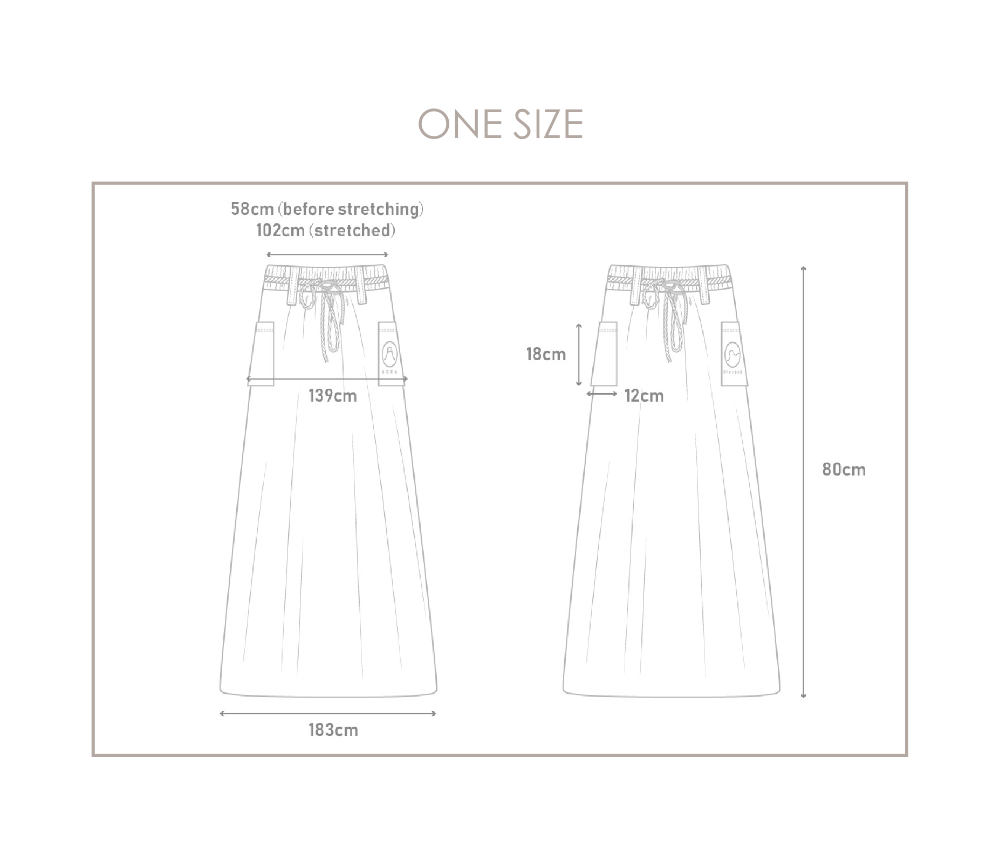 Illustrated size chart guide with product dimensions for the one-size Kamon Denim Dress-Fujisan at Grandmama Store in Hong Kong.