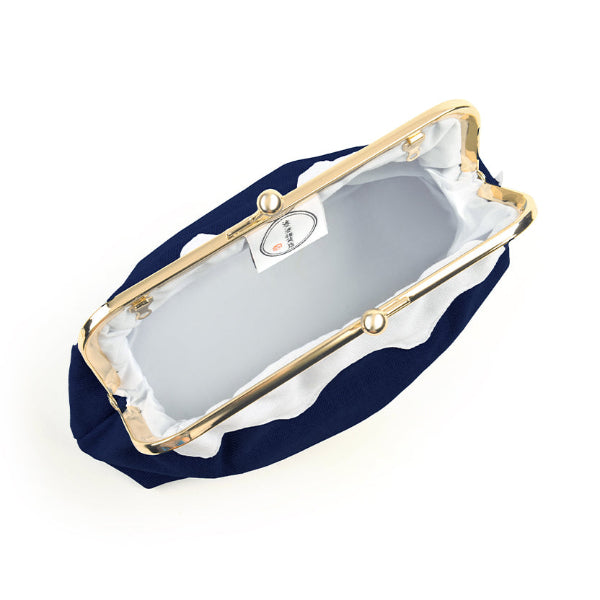 Interior open view of the dark navy blue Mt. Fuji Pocket Bag showing light grey lining at Grandmama Store in Hong Kong.