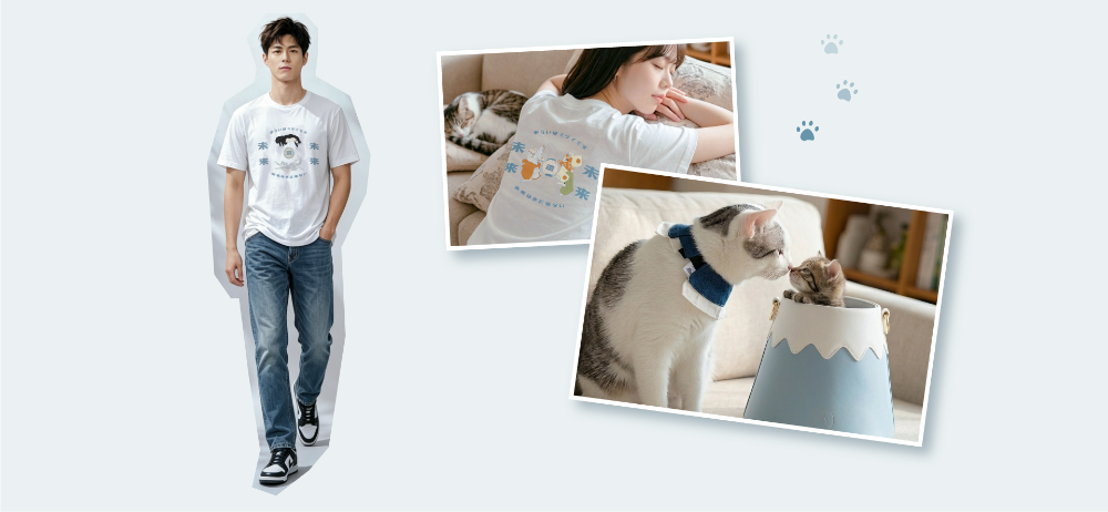 Lifestyle collage showcasing cat graphic tees and cat accessories at Grandmama Store in Hong Kong.