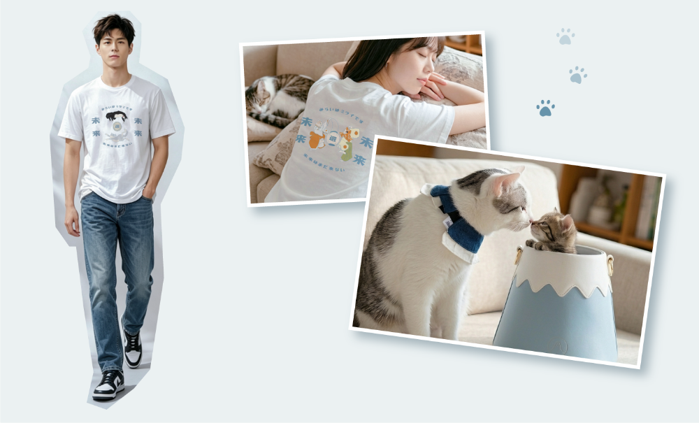 Lifestyle collage showcasing cat graphic tees and cat accessories at Grandmama Store in Hong Kong.
