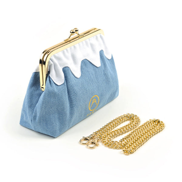Light blue Mt. Fuji Pocket Bag standing with white snow-cap trim and gold chain strap at Grandmama Store in Hong Kong.