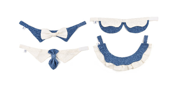 Lineup of blue and white Fuji Meow pet collars at Grandmama Store in Hong Kong.