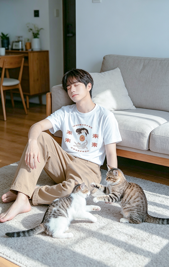 Male model in white Lazy Cat Tee sitting on a carpet with two playing cats at Grandmama Store in Hong Kong.