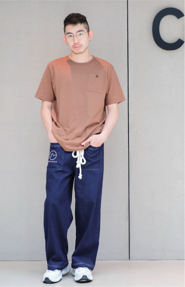 Male model wearing navy blue Kamon Japanese Waist Rope Pants-Lion Rock at Grandmama Store in Hong Kong