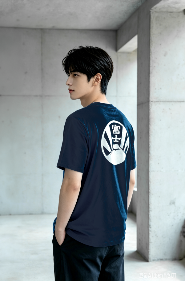 Male model wearing navy blue Kamon Tee Fujisan edition at Grandmama Store in Hong Kong