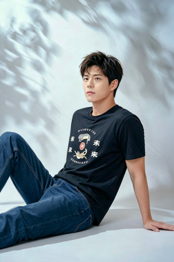 Male model wearing the black Lazy Cat Tee at Grandmama Store in Hong Kong.