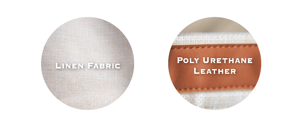 Material detail graphic showing beige linen fabric and brown PU leather for the Light of Dawn Sake Bag at Grandmama Store in Hong Kong.