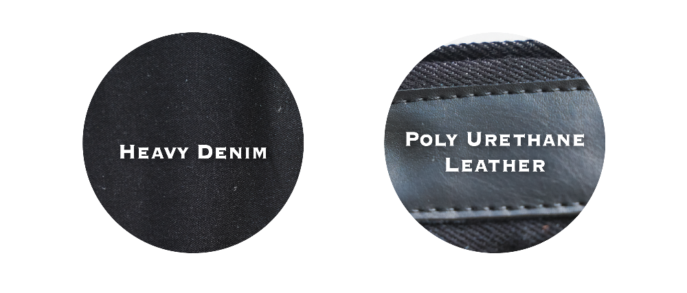 Material detail graphic showing heavy black denim fabric and black PU leather for the Light of Dawn Sake Bag at Grandmama Store in Hong Kong.