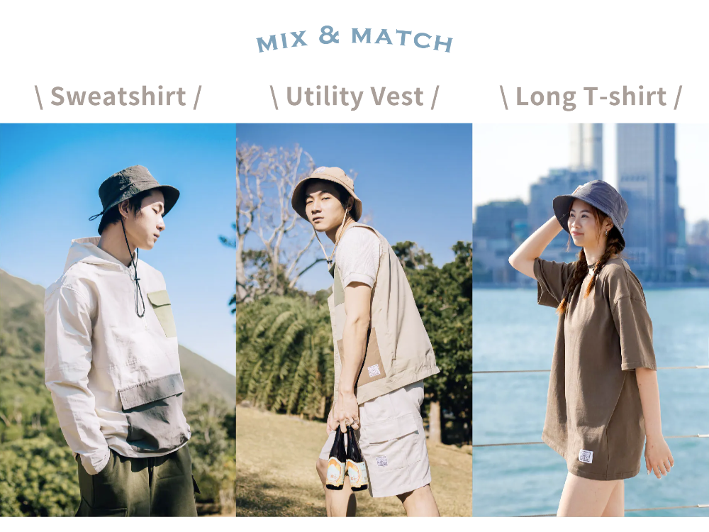 "Mix & Match" outfit inspiration lookbook for the Yama Workwear Bucket Hat at Grandmama Store in Hong Kong.
