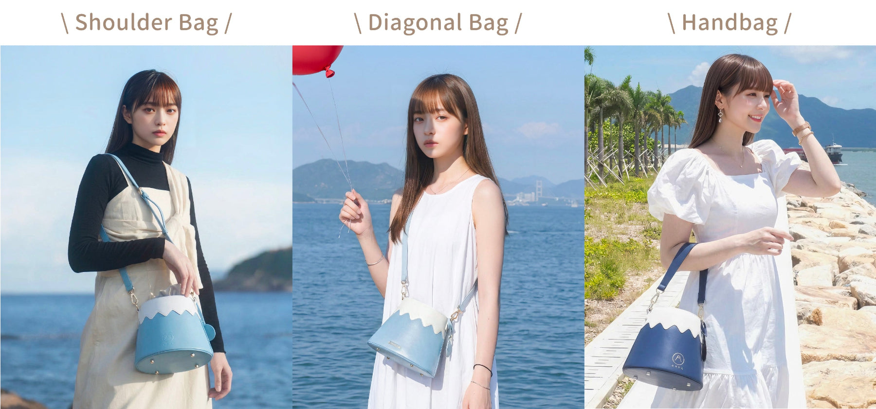 Model demonstrating the sky blue Mt. Fuji Goen Bag worn as a shoulder bag by the sea at Grandmama Store in Hong Kong