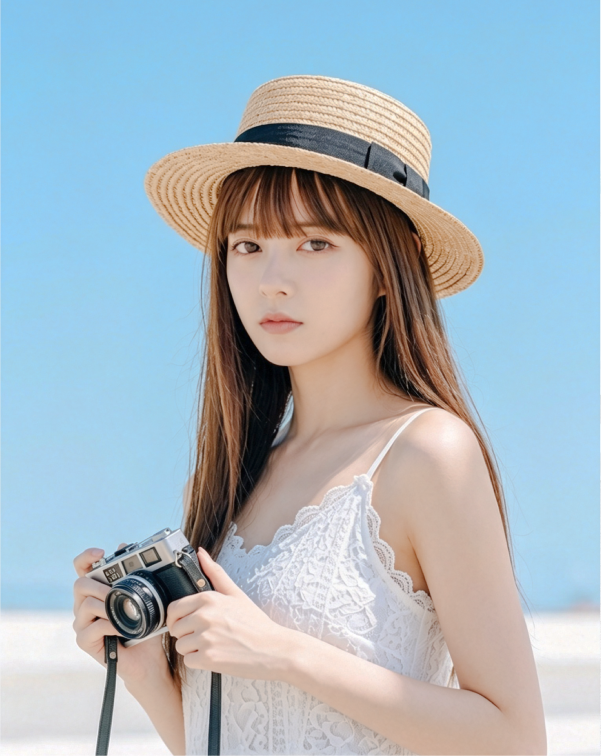 Model holding vintage camera wearing French Straw Boater Hat at Grandmama Store in Hong Kong