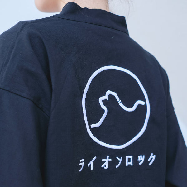 Navy blue Kamon Kimono Jacket showing detailed Lion Rock embroidery on the back at Grandmama Store in Hong Kong.