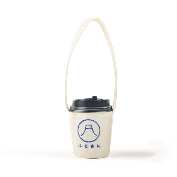 Off-white Kamon Cup Sleeve with blue Mt. Fuji design holding a coffee cup at Grandmama Store in Hong Kong.