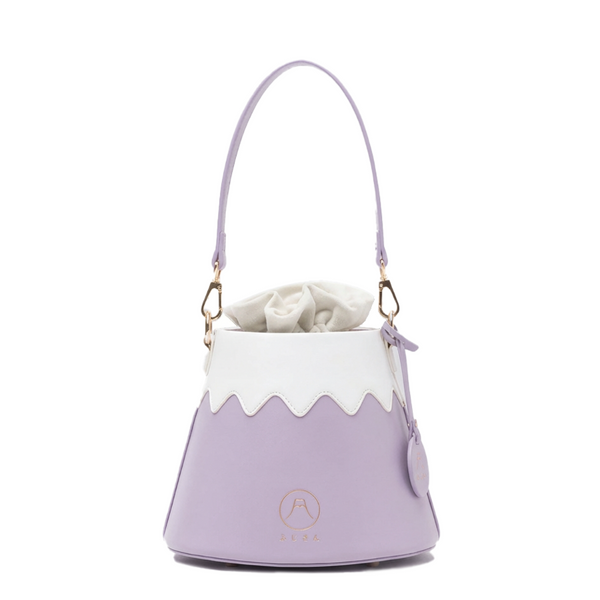 Pastel purple Mt. Fuji Goen Bag in Violet with short leather strap at Grandmama Store in Hong Kong.