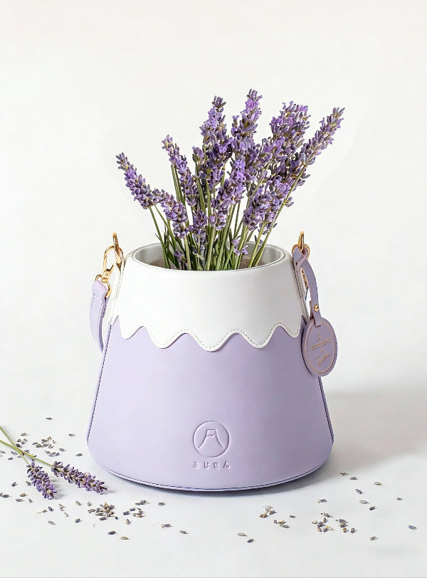 Pastel violet Mt. Fuji Goen Bag styled as a vase with fresh lavender flowers at Grandmama Store in Hong Kong.
