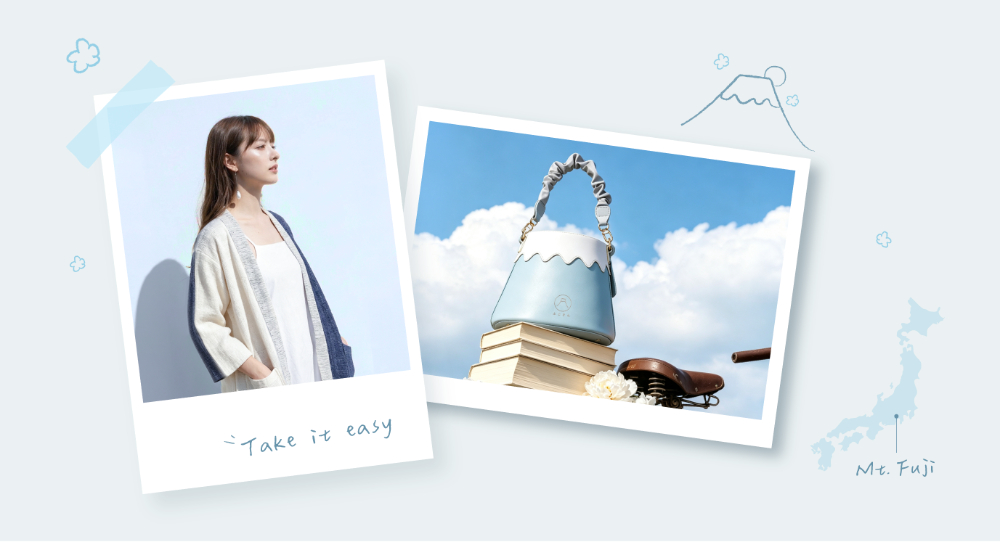 Polaroid collage banner showcasing a model in a knit cardigan and a blue Mount Fuji bucket bag at Grandmama Store in Hong Kong.