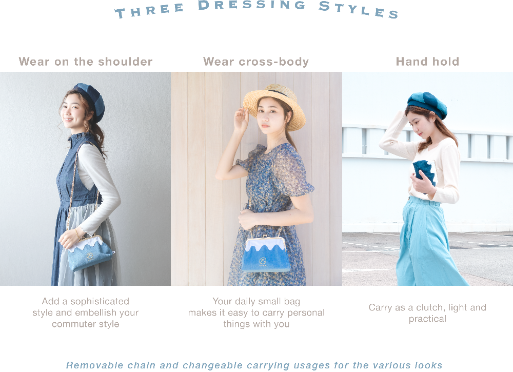 Promotional style guide banner illustrating three ways to wear the Mt. Fuji Pocket Bag at Grandmama Store in Hong Kong.