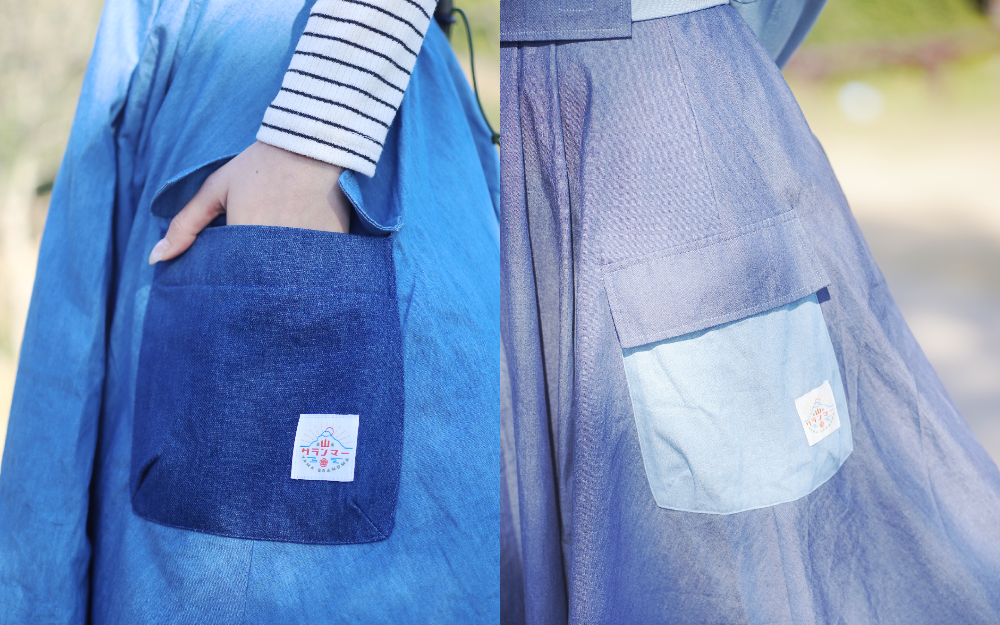 Side-by-side close-up of the flap cargo pocket details on the Yama Ocean Pocket Dress at Grandmama Store in Hong Kong.