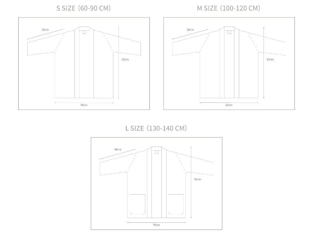 Size chart diagram showing measurements for S, M, and L sizes of the Hand-cranked Kids Kimono jacket at Grandmama Store in Hong Kong.