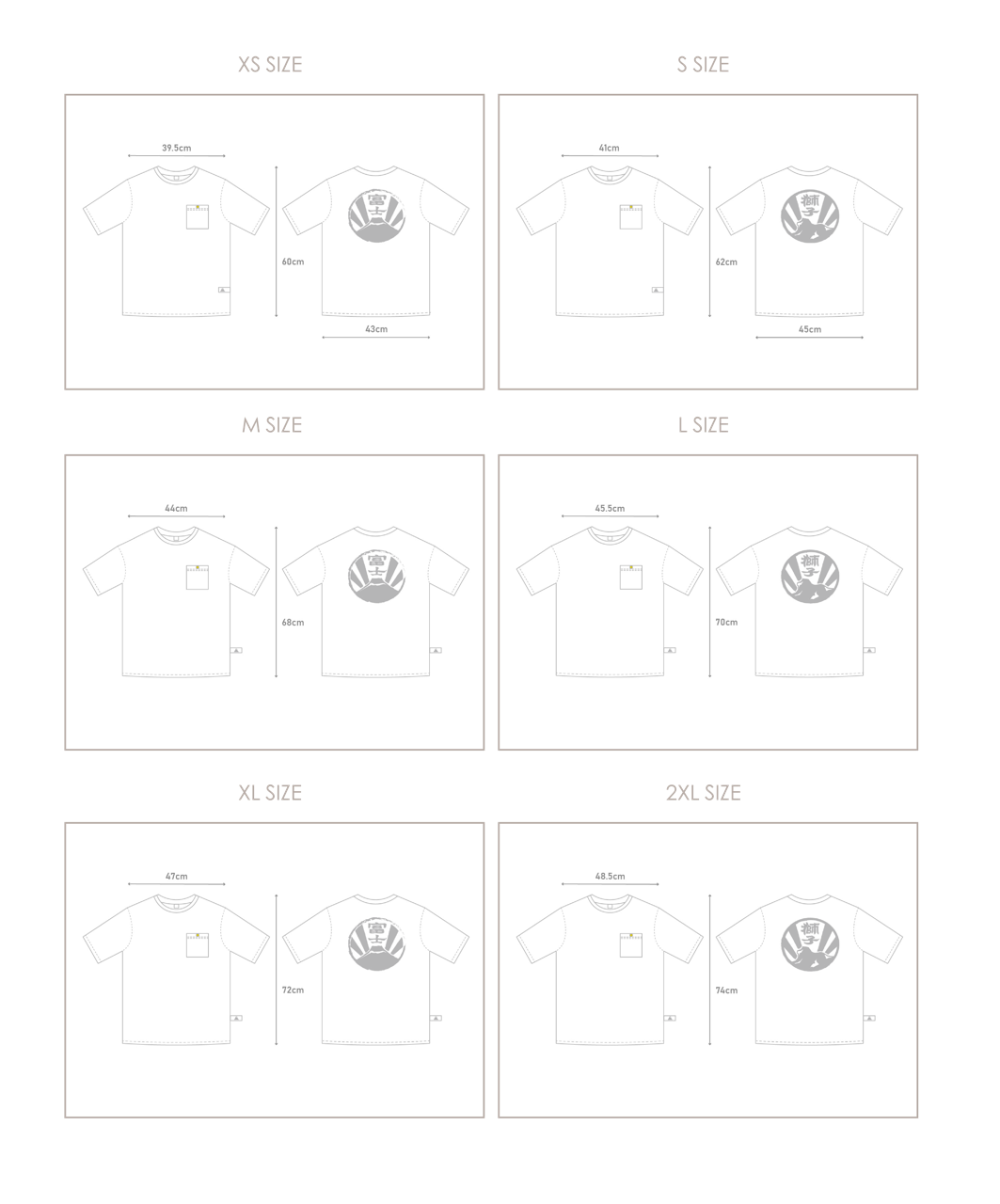 Size guide chart showing measurements from XS to 2XL for the Kamon Tee-Lion Rock at Grandmama Store in Hong Kong.