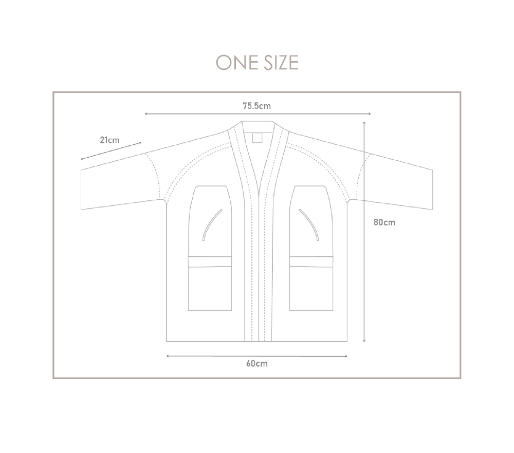 Size guide diagram showing measurements for the Morikawa Yama Kimono Jacket at Grandmama Store in Hong Kong.