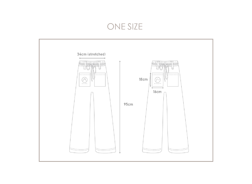 Size guide diagram showing waist, length, and pocket dimensions for the Kamon Japanese Waist Rope Pants at Grandmama Store in Hong Kong.