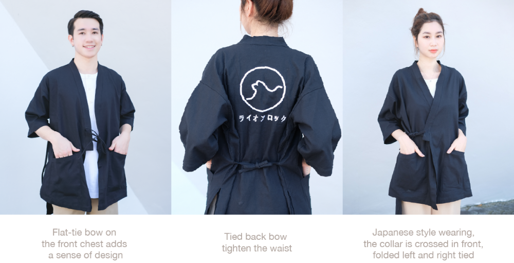 Three-panel styling guide banner for the navy blue Kamon Kimono Jacket at Grandmama Store in Hong Kong.