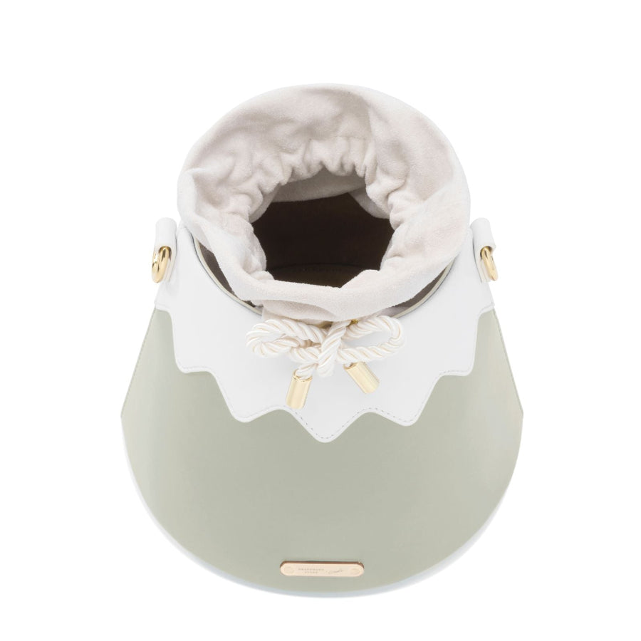 Top-down view of the mint green Mt. Fuji Goen Bag's inner drawstring pouch opening at Grandmama Store in Hong Kong.