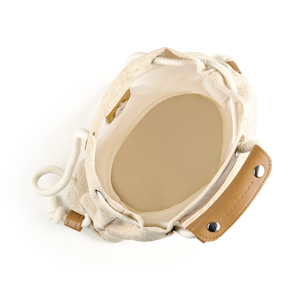 Top interior view of the Light of Dawn Sake Bag in linen at Grandmama Store in Hong Kong.