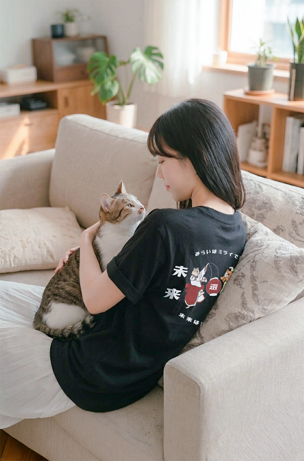 Woman wearing the black Dancing Cat Tee (Night Festival Tee) while hugging a cat on a sofa at Grandmama Store in Hong Kong.