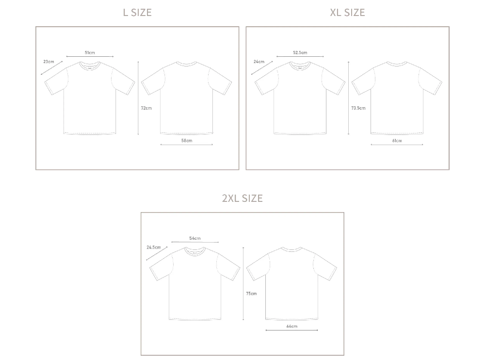 Yama Basic Color Tee size chart guide at Grandmama Store in Hong Kong.