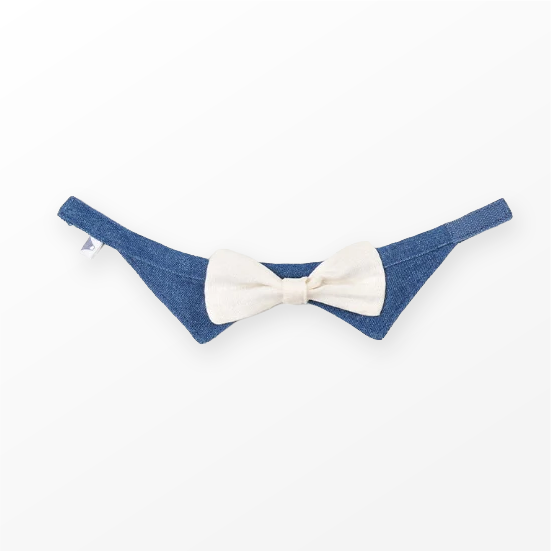 blue-denim-pet-collar-with-white-bow-tie-flat-lay-Fuji-Meow-Cool-Bowtie-Hong-Kong-Kwun-Tong-Grandmama-store