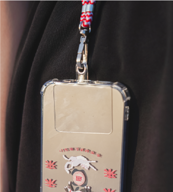 dancing-cat-phone-case-attached-to-crossbody-strap-close-up-Dancing-Cat-Phone-Case-Grandmama-store