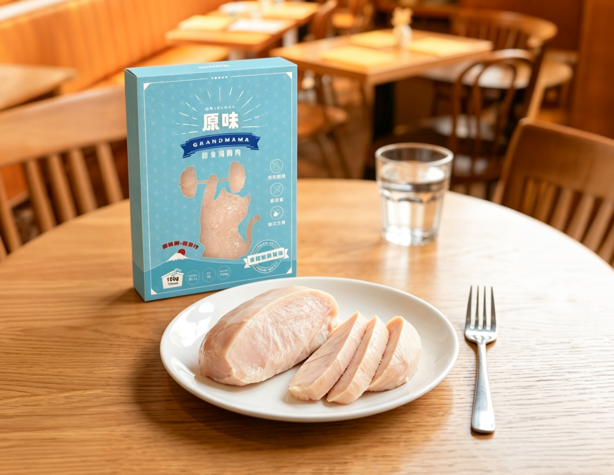 Original flavor instant chicken breast package with plated chicken breast at Grandmama Store in Hong Kong.
