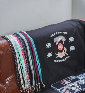 folded-black-tshirt-with-colorful-braided-lanyards-Dancing-Cat-Phone-Case-Kwun-Tong-Grandmama-store
