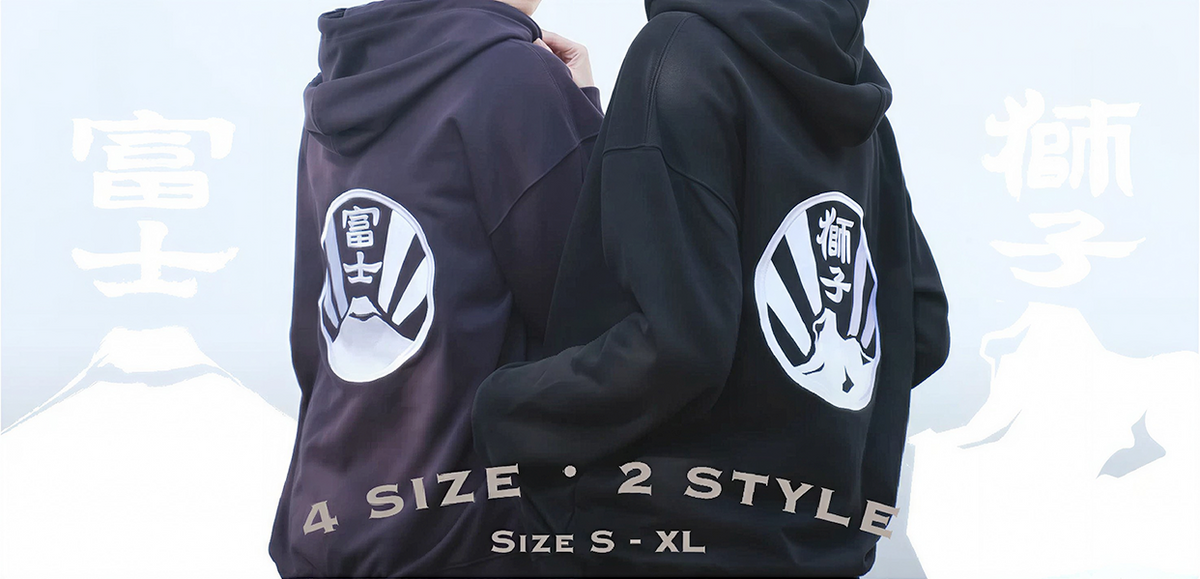 two-people-back-view-wearing-black-kamon-hoodies-mt-fuji-and-lion-rock-Hong-Kong-Kwun-Tong-Grandmama-store