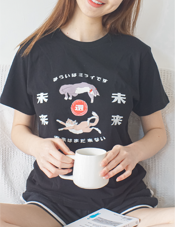 woman-holding-white-mug-wearing-black-lazy-cat-tee-Lazy-Cat-Tee-Hong-Kong-Kwun-Tong-Grandmama-store