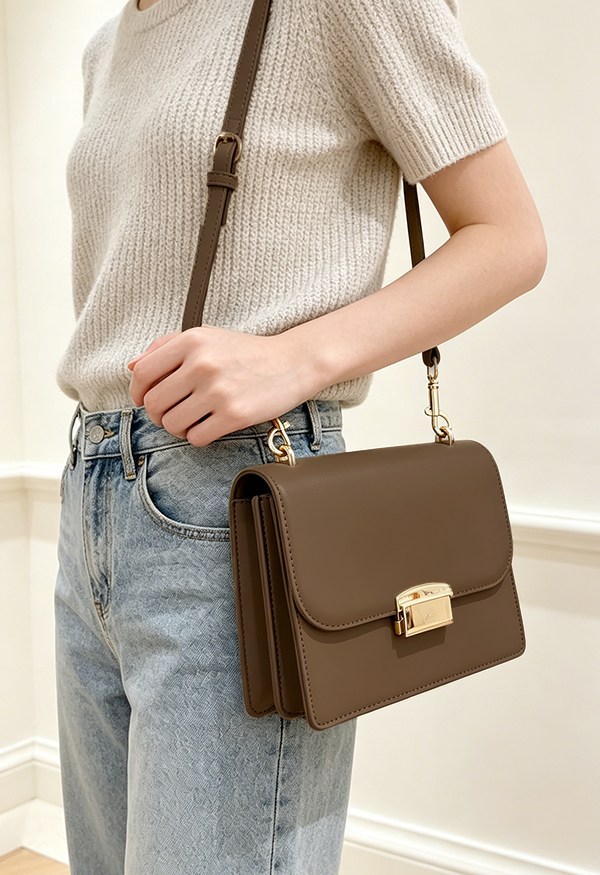 woman-wearing-knit-top-carrying-brown-square-side-bag-crossbody-Square-Side-Bag-with-Gold-Buckle-Grandmama-store