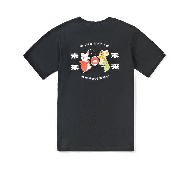 Back view of the black Dancing Cat Tee with festival cat graphic print at Grandmama Store in Hong Kong.