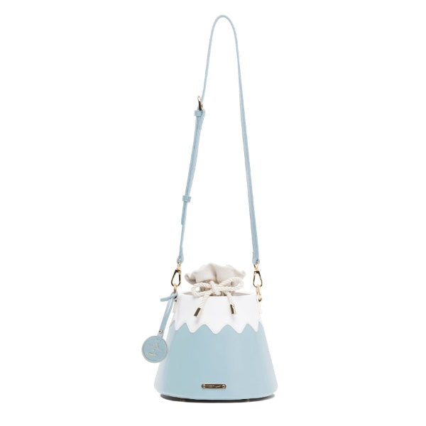 Crossbody Mt. Fuji Goen Bag in Snow blue leather with long strap at Grandmama Store in Hong Kong.
