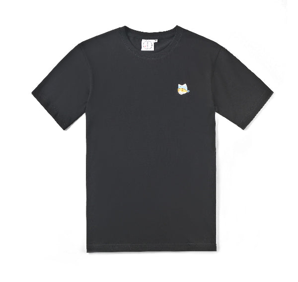 Front view of the black Dancing Cat Tee with chest logo at Grandmama Store in Hong Kong.