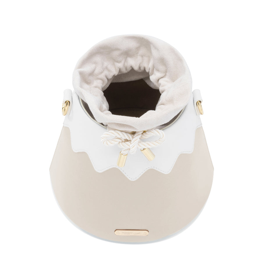 Top-down view of the beige drawstring pouch interior of the Mt. Fuji Goen Bag at Grandmama Store in Hong Kong.